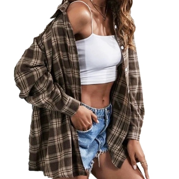 SHEIN Women’s Flannel Long Sleeve Shirt Brown and Tan Sz 6 - Picture 2 of 13